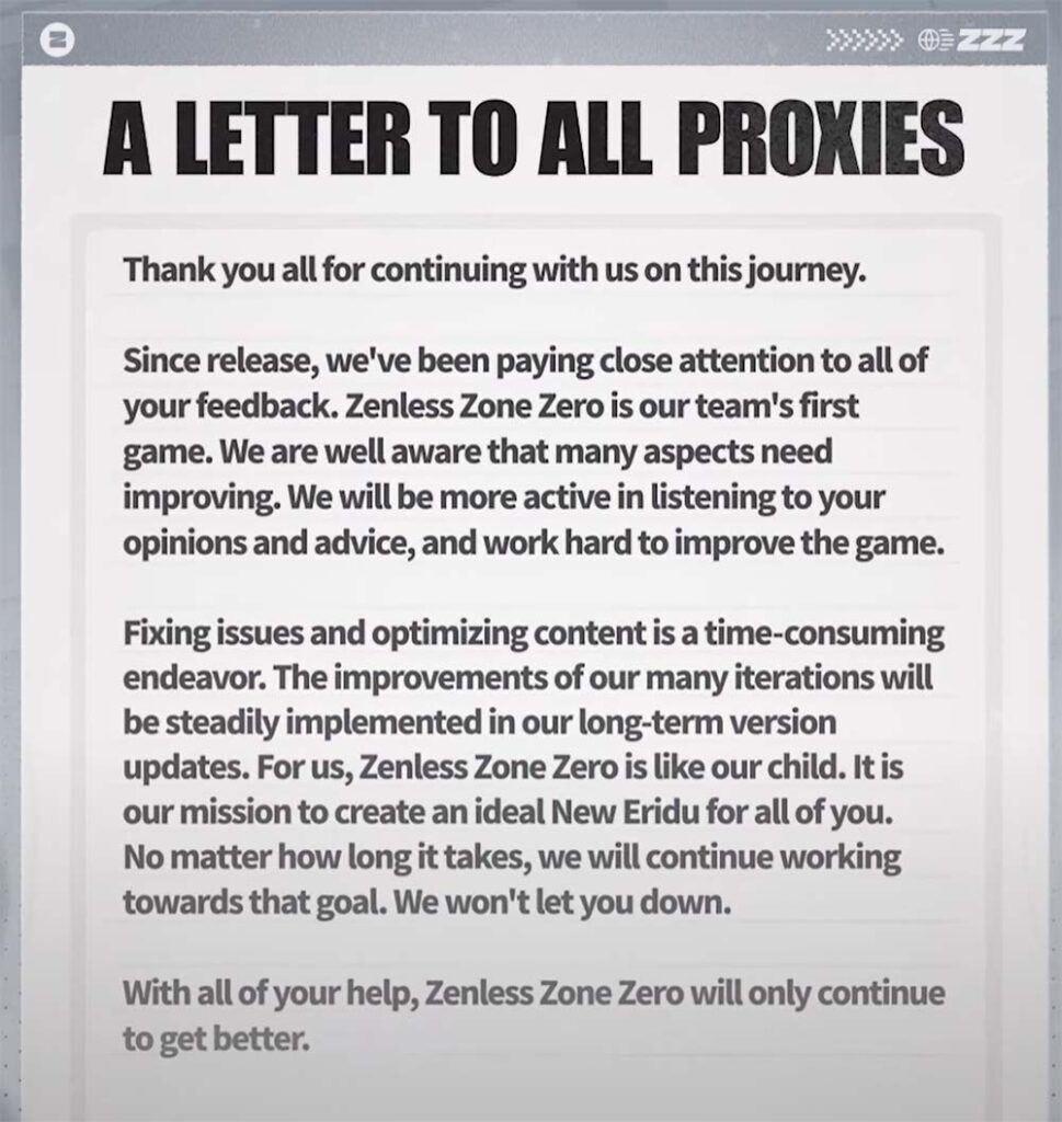 ZZZ Letter to Fans